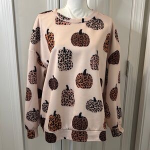SHEIN Pink Long Sleeve Top with Leopard Pumpkin Design Size XL